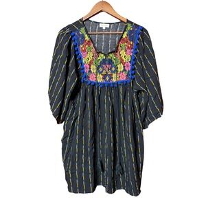 Velzera Women Small Black Embroidered Pom Pom Tunic Top Boho Tassel V-Neck Small
